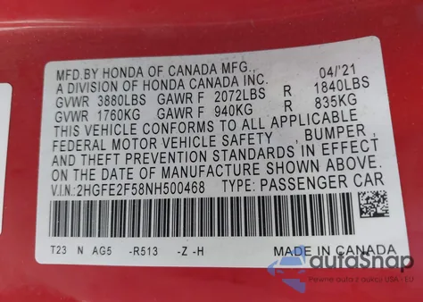 2022 Honda Civic Sport from USA, damaged, VIN 2HGFE2F58NH500468